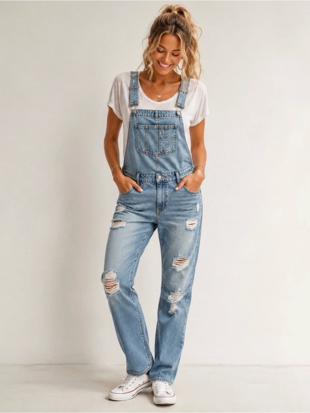 True Religion Light Blue Distressed Denim Overalls